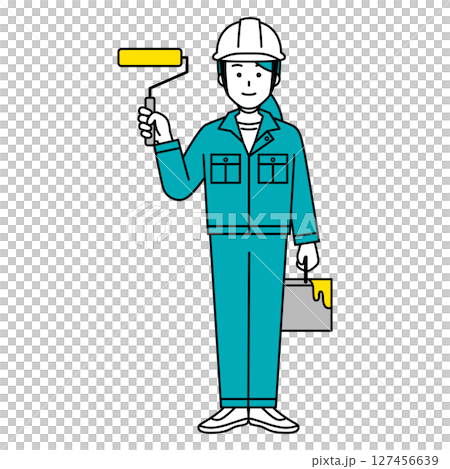ペイントローラーを持つ作業員の女性（全身） 127456639