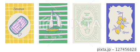 Slow life Italia Amalfi Summer posters set. Vector illustration italian lemon tree, sardines, yacht and geometric minimalistic backgrounds, contemporary Summer vintage design. Slow life Italia Amalfi Summer posters set. Vector illustration italian lemon tree, sardines, yacht and geometric minimalistic backgrounds, contemporary Summer vintage design. 127456828