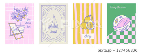 Hand draw la dolce vita cards set. Mediterranean food, lemon, yacht, sun lounger. Minimalist line art for invitations, stationery, printables, social media. Vector hand drawn illustration 127456830