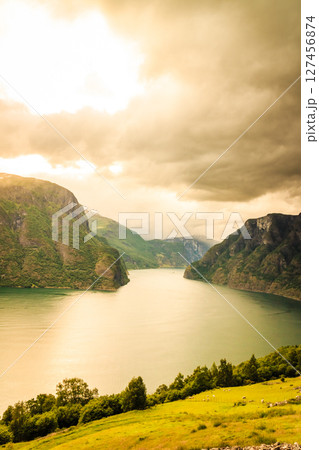 View of the fjords and Aurland valley in Norway 127456874