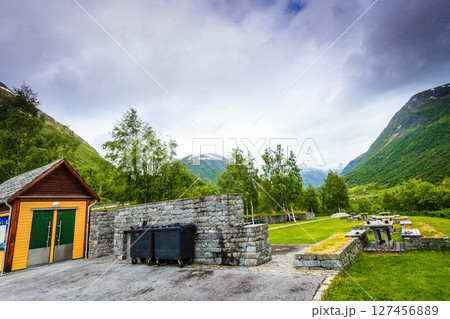 Camp site with picnic table in norwegian mountains Camp site with picnic table in norwegian mountains 127456889