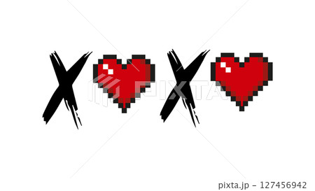 Pixel red heart XOXO hand written phrase on white background, collection of hand drawn grunge charcoal Xo Xo, love concept, Valentine's Day celebration card, Hugs and kisses abbreviation drawn in ink 127456942