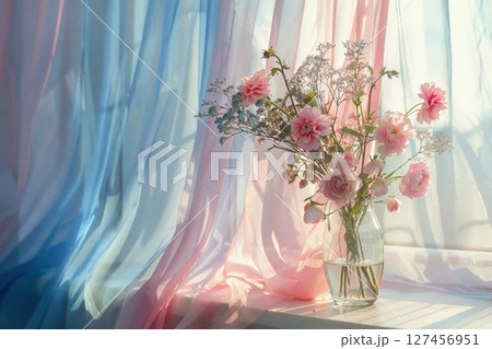 Pastel Pink and Blue Floral Arrangement with Soft Light for Vintage Aesthetic 127456951