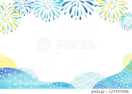 おしゃれな暑中見舞い 夏の水彩風 和柄 花火と海の 背景 127457096