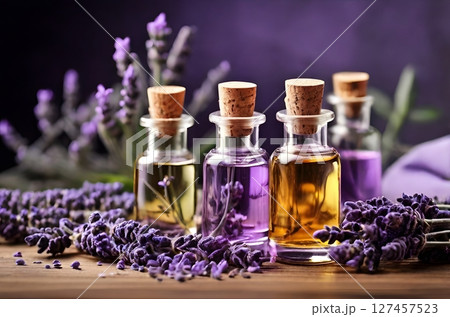 lavender essential oil in glass bottle with fresh lavender flowers, concept of alternative medicine and aromatherapy spa massage and aromatherapy. High quality photo 127457523