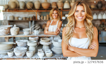 Two women potters smiling in a workshop surrounded by handmade pottery and tools Two women potters smiling in a workshop surrounded by handmade pottery and tools 127457636