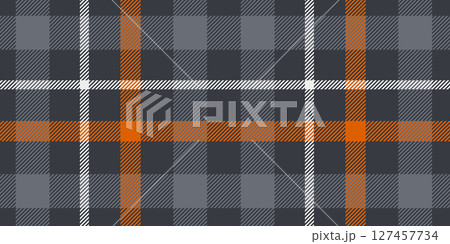 A contemporary tartan plaid pattern featuring grey and orange tones accented with white stripes in a geometric crisscrossed design, creating a bold and dynamic look ideal for textiles or decorative 127457734