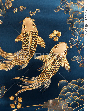 Koi fish with golden fins swim on a deep blue background with embossed waves and scattered gold leaves. 127457859