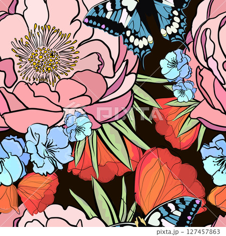 Seamless pattern graphic flowers and butterflies . hand drawing. Not AI, Vector illustration 127457863