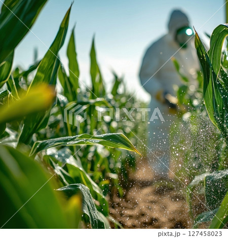 Agricultural Worker Spraying Crops in a Lush Green Field Environment Agricultural Worker Spraying Crops in a Lush Green Field Environment 127458023