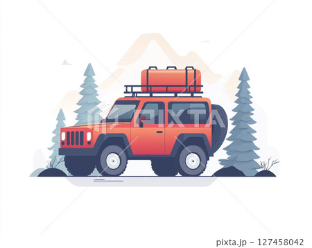 A red off-road SUV with a roof rack and spare tire is depicted in a stylized illustration, set against a mountain landscape 127458042