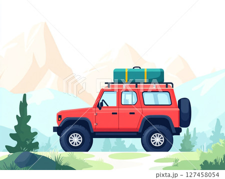A red off-road SUV with a roof rack and spare tire is depicted in a stylized illustration, set against a mountain landscape 127458054