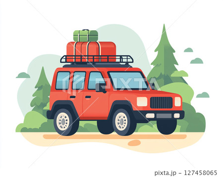 A red off-road SUV with a roof rack and spare tire is depicted in a stylized illustration, set against a mountain landscape A red off-road SUV with a roof rack and spare tire is depicted in a stylized illustration, set against a mountain landscape 127458065