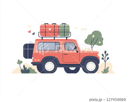 A red off-road SUV with a roof rack and spare tire is depicted in a stylized illustration, set against a mountain landscape 127458069