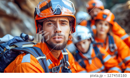 Male rescue worker in orange gear with team preparing for outdoor emergency response mission 127458180