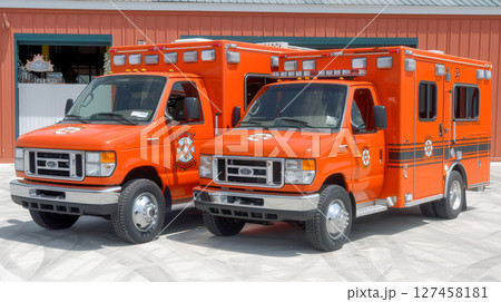 Emergency medical vehicles parked together showcasing bright orange color and distinctive markings 127458181