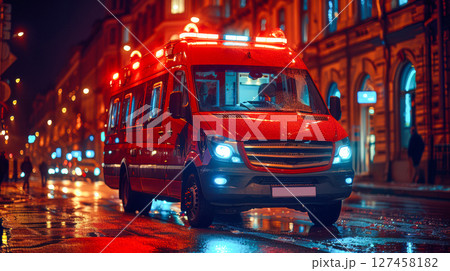 Emergency medical vehicle parked on city street illuminated by vibrant night lights and reflections 127458182