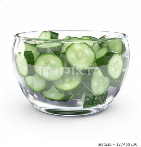 A clear glass bowl is filled with freshly sliced green cucumbers, presented on a clean white background. 127458230