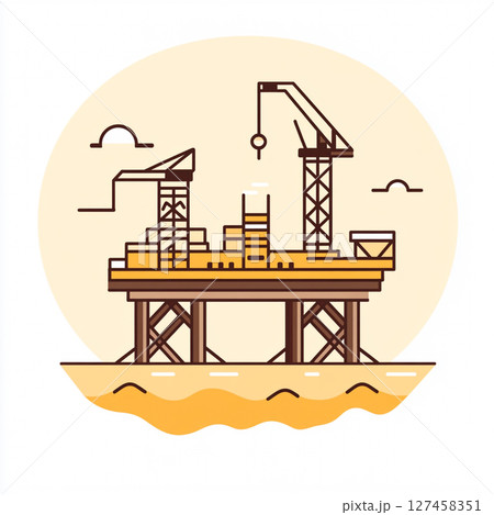 Colorful cartoon-style offshore oil rig with cranes, towers, and equipment floating on the sea, showcasing industrial energy infrastructure in a playful design. 127458351