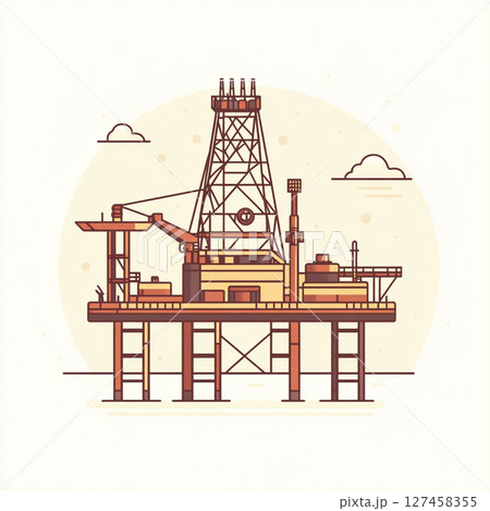 Colorful cartoon-style offshore oil rig with...のイラスト素材 [127458355] - PIXTA