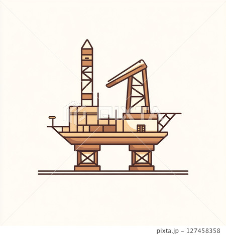 Colorful cartoon-style offshore oil rig with cranes, towers, and equipment floating on the sea, showcasing industrial energy infrastructure in a playful design. 127458358