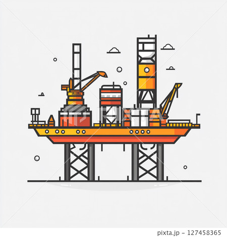 Colorful cartoon-style offshore oil rig with cranes, towers, and equipment floating on the sea, showcasing industrial energy infrastructure in a playful design. 127458365