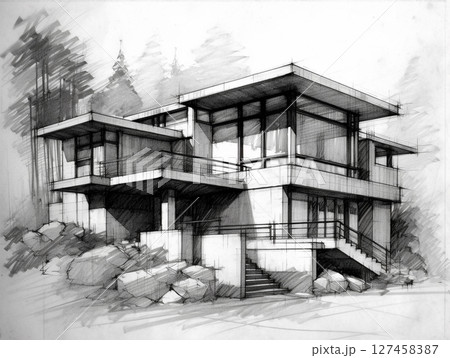 A hand-drawn architectural sketch of a modern house, possibly in the style of Frank Lloyd Wright, featuring clean lines, multiple levels, and surrounding trees. A hand-drawn architectural sketch of a modern house, possibly in the style of Frank Lloyd Wright, featuring clean lines, multiple levels, and surrounding trees. 127458387
