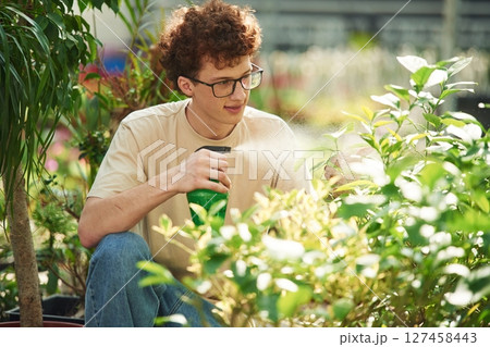 Growing flowers. Conception of watering. Young man with curly hair and in glasses is in greenhouse 127458443