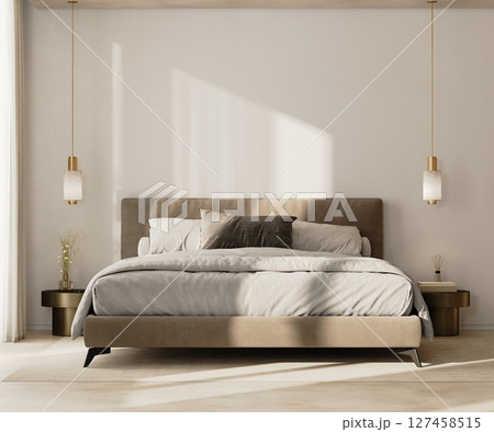 modern bedroom interior with bed, lamp and bedsie tables, 3d render 127458515