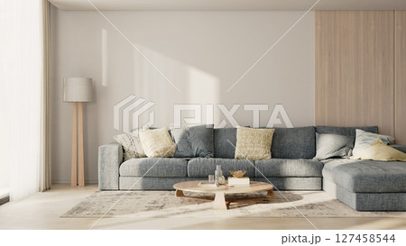 Living room interior with big blue sofa with pillows, wooden panel, table with decor, floor lamp and rug, 3d render 127458544