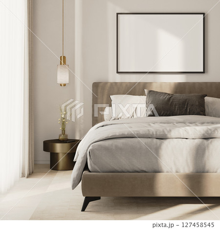horizontal picture frame mock-up above bed in modern bedroom interior, 3d render horizontal picture frame mock-up above bed in modern bedroom interior, 3d render 127458545