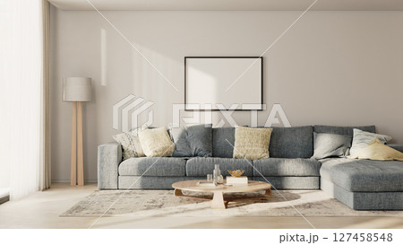 Horizontal picture frame in modern living room interior with blue sofa and white wall, 3d render 127458548