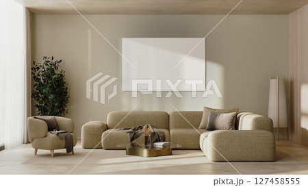 Big empty canvas mock-up in modern living room interior in beige tones, 3d render 127458555