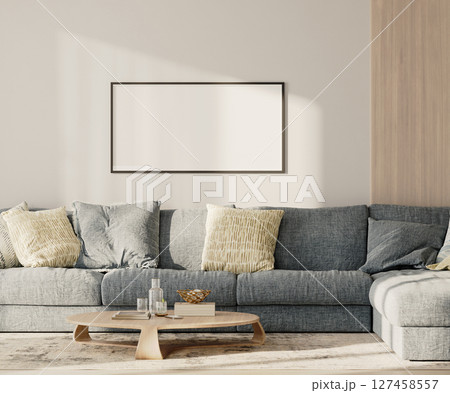 horizontal frame mock-up above the sofa with pillows in modern living room lounge zone, 3d render 127458557