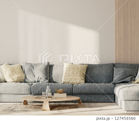 Lounge with blue sofa and table with wooden panel on the wall, living room interior mock-up, 3d render 127458560
