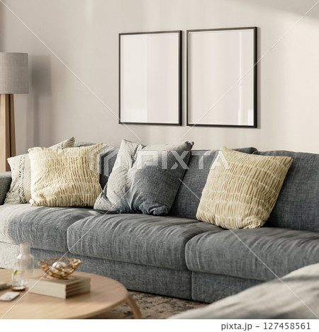 Two blank frames in modern living room interior, 3d render Two blank frames in modern living room interior, 3d render 127458561