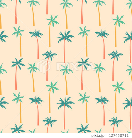 Palm trees vector seamless pattern. Tropical island trees with curved trunks on sand beige background. Exotic jungle plants silhouettes in simple minimalist flat cartoon style for fun summer design Palm trees vector seamless pattern. Tropical island trees with curved trunks on sand beige background. Exotic jungle plants silhouettes in simple minimalist flat cartoon style for fun summer design 127458711