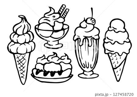 Set of desserts with ice cream. Milkshake, ice cream in a waffle cone, whipped cream. Vector doodle illustration Set of desserts with ice cream. Milkshake, ice cream in a waffle cone, whipped cream. Vector doodle illustration 127458720