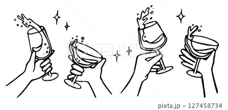 set, hands holding glasses with wine, champagne. party, new year, wedding. vector doodle illustration	 127458734