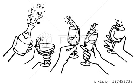 set, hands holding glasses and bottle with champagne. party, new year, wedding. vector doodle illustration	 127458735