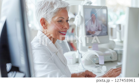 Senior woman in white coat working on computer with medical equipment in bright office 127458961