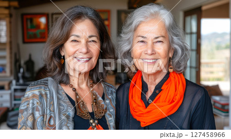 Two smiling women with gray hair wearing colorful scarves in a bright indoor setting 127458966