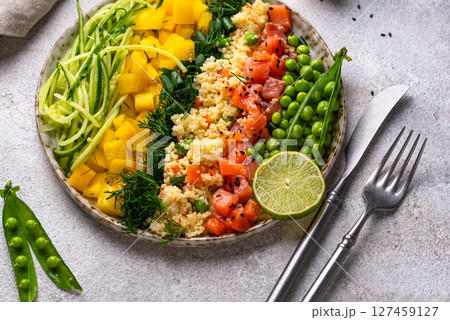 Healthy bowl with salmon and vegetables Healthy bowl with salmon and vegetables 127459127