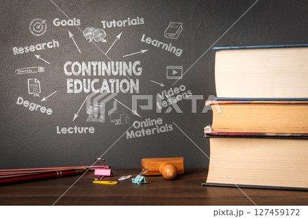 Continuing Education Concept with Chalkboard, Books, and Office Supplies on Wooden Desk Continuing Education Concept with Chalkboard, Books, and Office Supplies on Wooden Desk 127459172