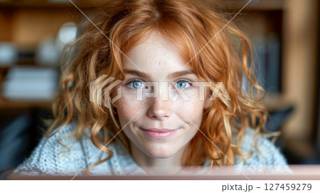 Young woman with curly red hair smiling warmly in a cozy indoor environment with soft lighting Young woman with curly red hair smiling warmly in a cozy indoor environment with soft lighting 127459279
