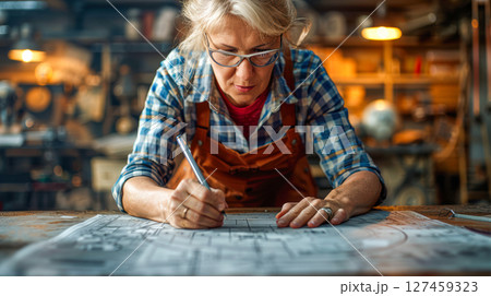 Skilled woman drafts architectural plans on a large blueprint in a creative workshop environment 127459323