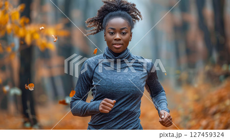 African American woman running in autumn forest with colorful leaves and soft sunlight filtering 127459324