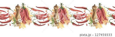 Seamless border with pods, flowers, leaves of red hot chili pepper, with a wooden mill, on a background of yellow-orange spots, splashes. The watercolor illustration is hand-drawn in a botanical style 127459333