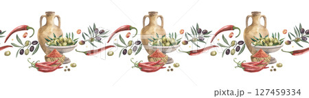 Seamless border with olives, red hot chili peppers, an amphora with olive oil, a metal vase full of green olives. The watercolor illustration is hand-drawn in a botanical style. Packaging, textiles 127459334