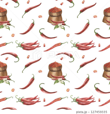 Seamless pattern with flower pods, hot red chili pepper leaves, and a bag full of spices. The watercolor illustration is hand-drawn in a botanical style. Suitable for wallpaper design, textiles 127459335